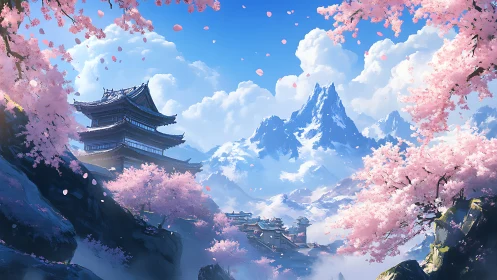 Sakura mountain temple landscape with luminous alpine clouds.