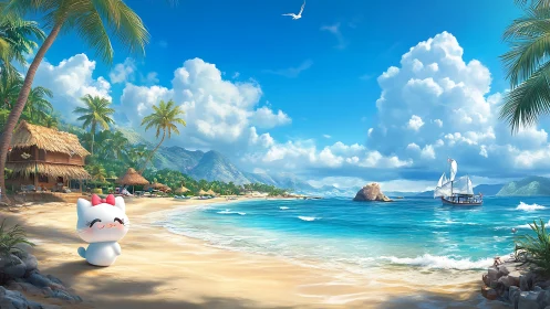 Kawaii Cat Character Inhabits Tropical Paradise Beach Landscape