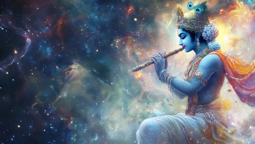 Divine cosmic musician in luminous digital painting composition.