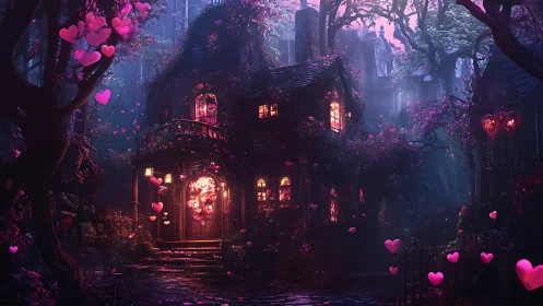 Enchanted Victorian Manor Heart Lights Neon Night.