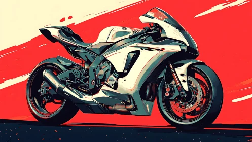 Sleek white sport bike poised against bold red energy.