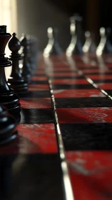 Moody red chessboard waiting quietly for the first daring move.