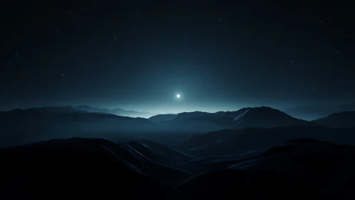 Midnight moonrise over layered blue mountain silhouettes.
