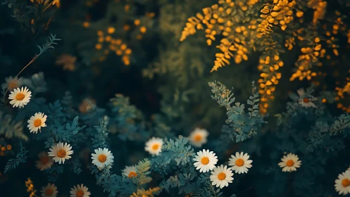 Moonlit Garden Where Daisies Dance with Golden Fern Cascades