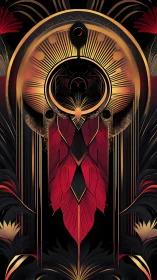 Art Deco celestial totem with radiant gold and crimson symmetry.