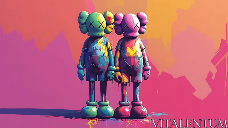 Chromatic vinyl twins in drip-painted urban gradient field