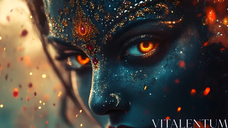 Fiery eyed blue female face with jeweled forehead decoration