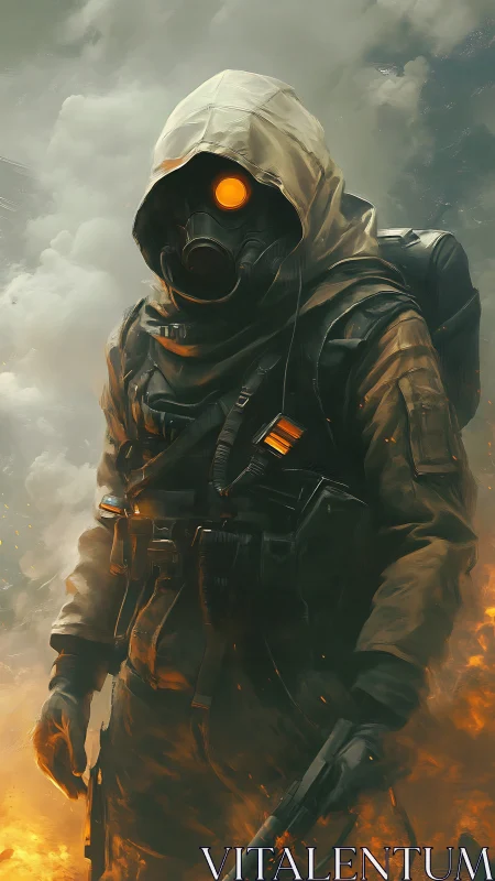 Hooded soldier in gas mask amid smoke and fire