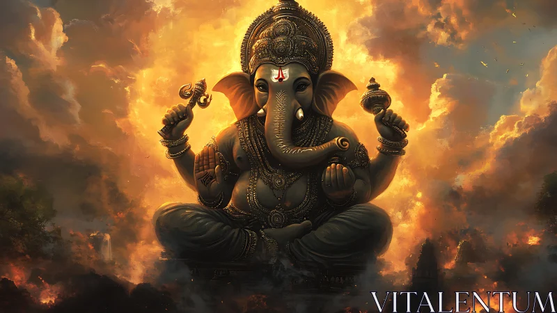 Radiant Ganesha deity sits in blazing golden storm clouds