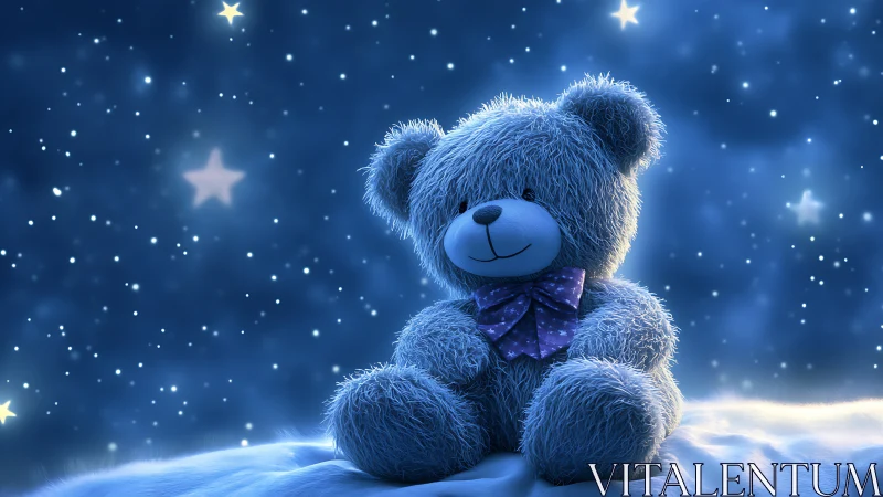 Soft blue teddy bear rendered in luminous nocturnal 3D scene