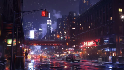 Rainy night city street shows wet reflections and traffic