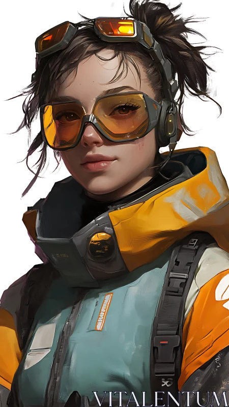 Portrait of futurist scout girl in rugged flight gear.