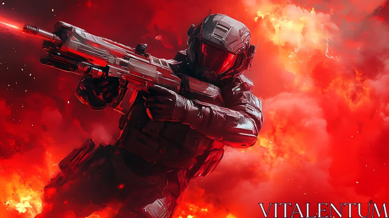 Armored sci fi soldier firing rifle amid red explosion.