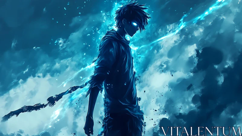 Bioluminescent anime figure in electric blue storm vortex