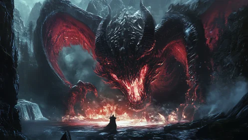 Colossal hellfire dragon confronting lone cloaked figure.