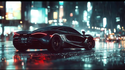 Midnight supercar waiting in neon-soaked city rain.