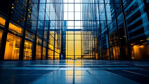 Symmetrical glass atrium frames illuminated urban highrise core
