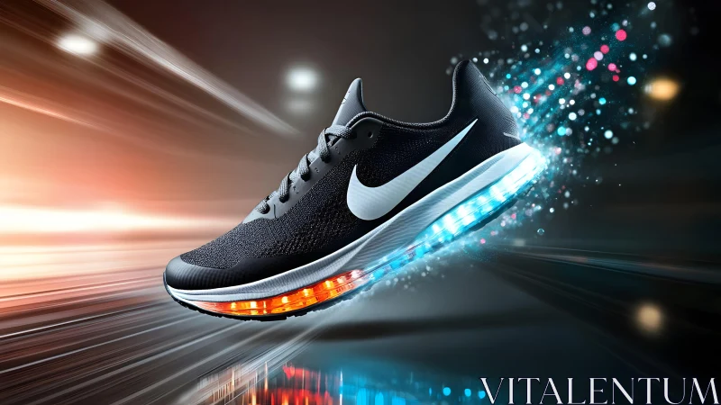 Futuristic Black Nike Running Shoe With Glowing Sole in Motion.