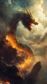 Serpentine fire dragon emerges through volcanic clouds and embers