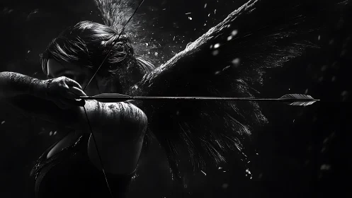 Midnight winged archer drawing a silver whisper of fate.