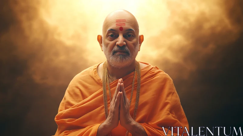 Monk in saffron robes under radiant halo-like backlighting