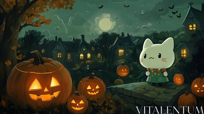 Anthropomorphic cat figure in Halloween village setting.