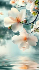 White blossoms hang over reflective water surface calmly