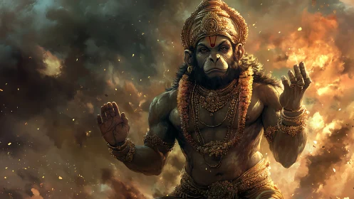 Divine simian warrior in flaming celestial stormscape.