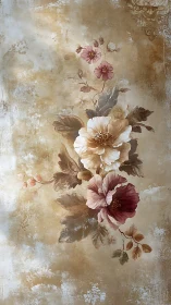 Soft vintage florals drift gently across a weathered wall