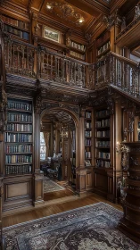 Ornate wood-paneled library glows with classic elegance.