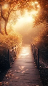 Sunlit wooden bridge wanders into a softly glowing forest veil