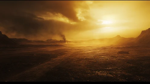 Sun-scorched wasteland under brooding golden storm clouds.