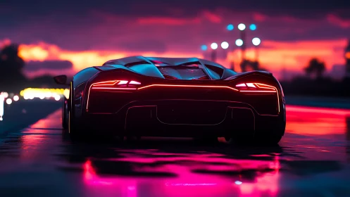 Sleek neon supercar glowing on a rain kissed night highway.