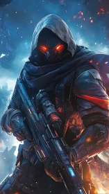 Hooded eclipse sniper stalks ruins through neon battle frost