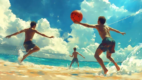 Dynamic beach basketball scene under vibrant summer sky.