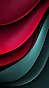 Layered red and teal curved bands in abstract composition.
