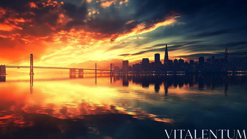 High contrast city skyline and suspension bridge under dramatic sunset