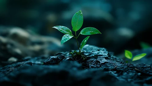 Young green plant emerging from wet dark forest ground.