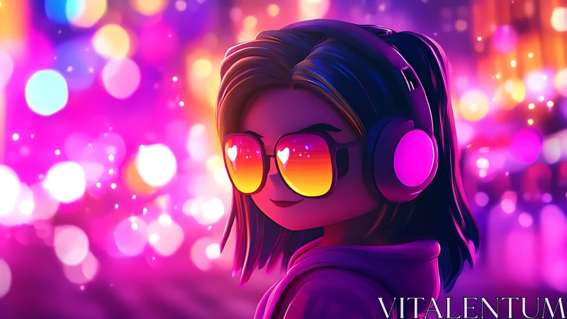 Neon gamer girl listens to music in glowing city lights