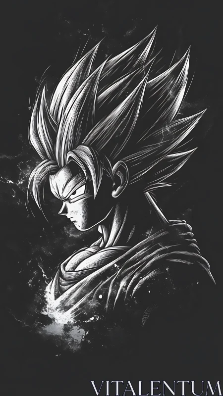 Intense anime warrior portrait in monochrome ink style.