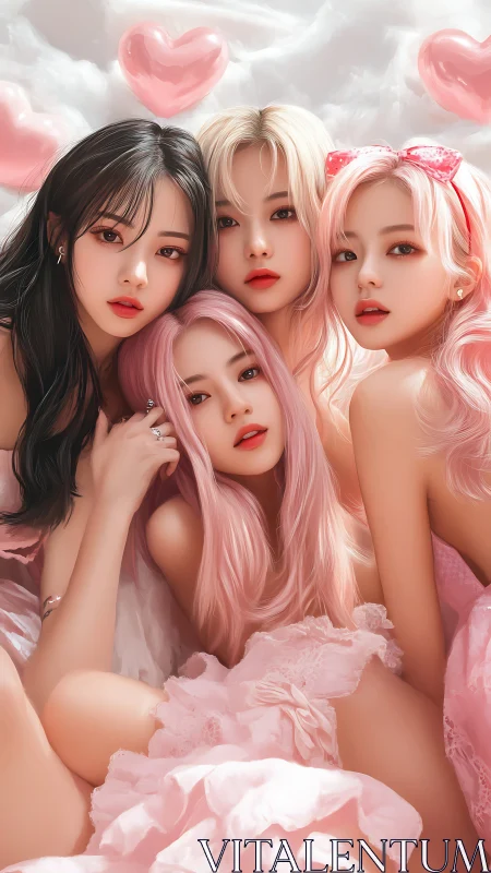 Soft-hearted slumber party portrait in rosy pastel dream.