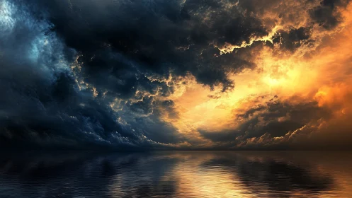 Storm-layered cumulonimbus clouds over calm reflective sea.