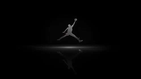 Silhouetted leaping athlete logo reflected on dark surface
