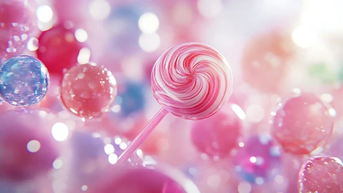 Lollipop Suspended Among Crystalline Candy Spheres With Bokeh. 3D Render