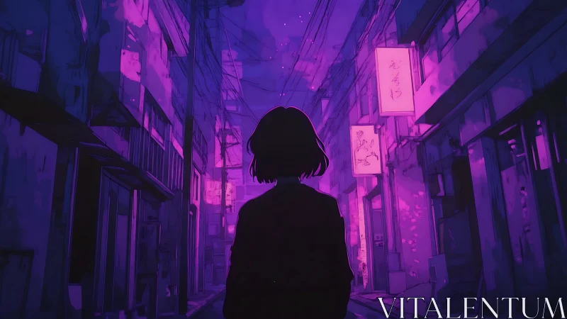 Silhouetted figure in neon purple urban alley at night.