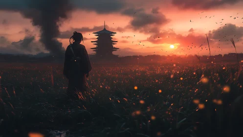 Silent wanderer meets a glowing pagoda at burning sunset
