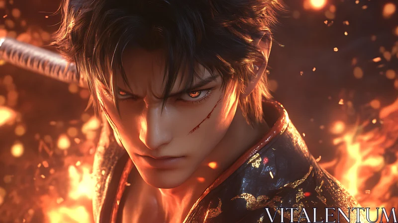 Fiery samurai warrior glares forward amid swirling embers.