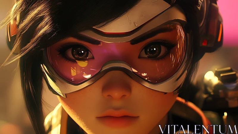 Close frontal view of stylized female character with visor.
