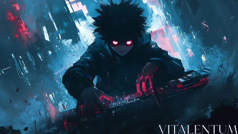 Cyberpunk hacker portrait with neon glitch lighting composition.