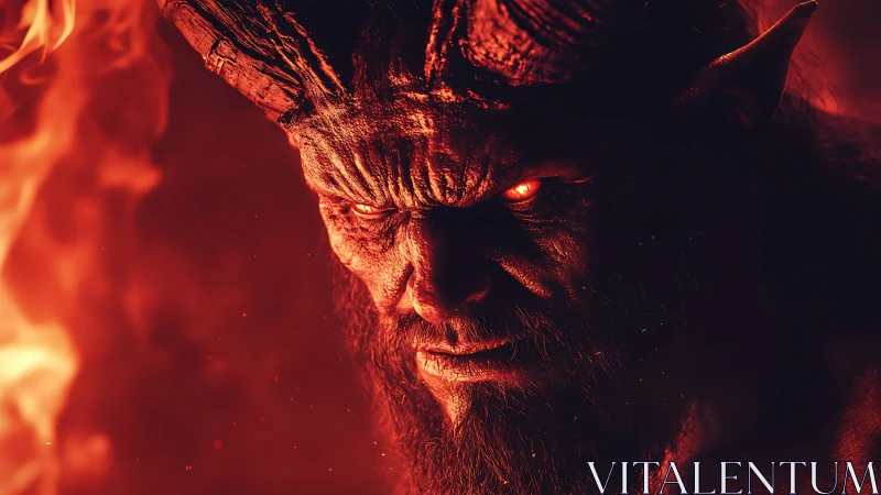 Horned humanoid figure in intense red firelight profile.